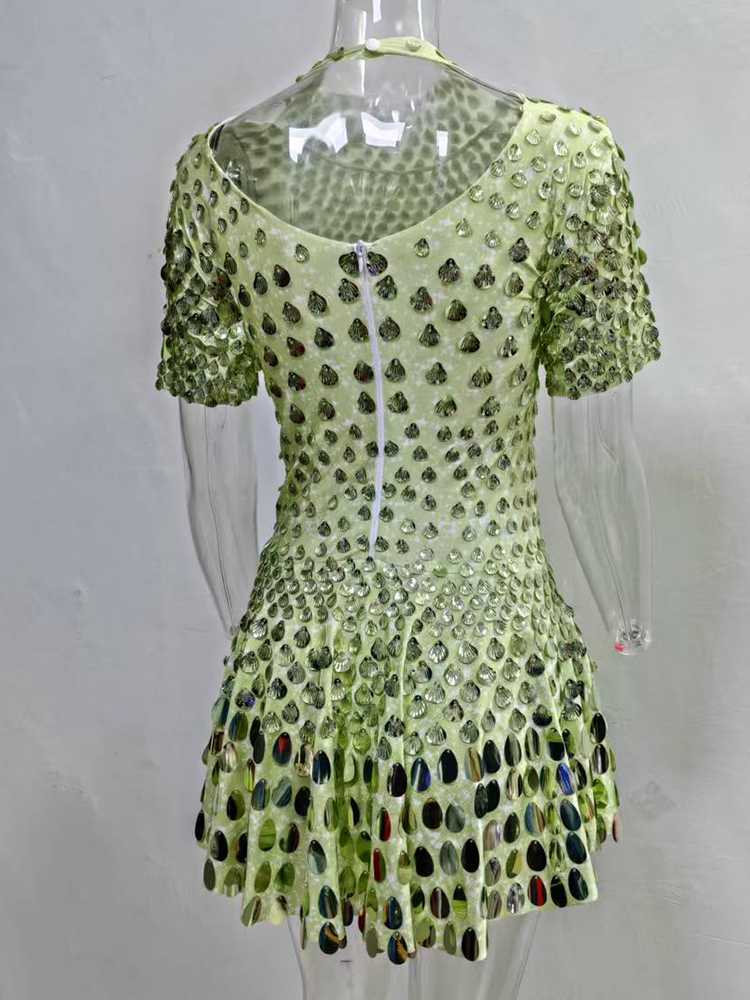 Extended 7cm Sexy Colorful light green shell sequin mini dress, nightclub dance, high-quality performance costume, jumpsuit, birthday dress