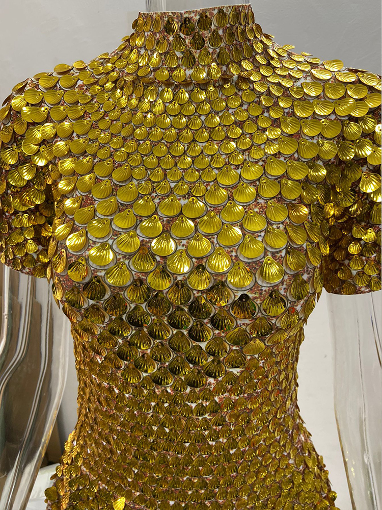 Sexy Gold Shell Sequins Mini Dress Nightclub Dance High Quality Performance Clothing Bodysuit Birthday Dresses