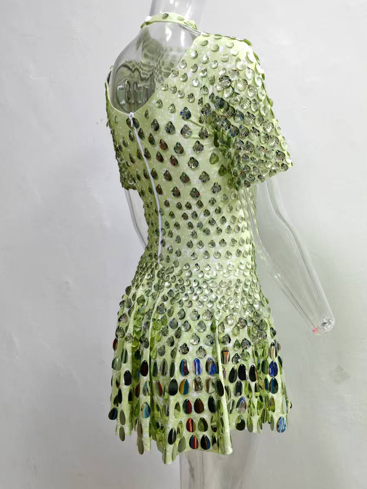 Extended 7cm Sexy Colorful light green shell sequin mini dress, nightclub dance, high-quality performance costume, jumpsuit, birthday dress