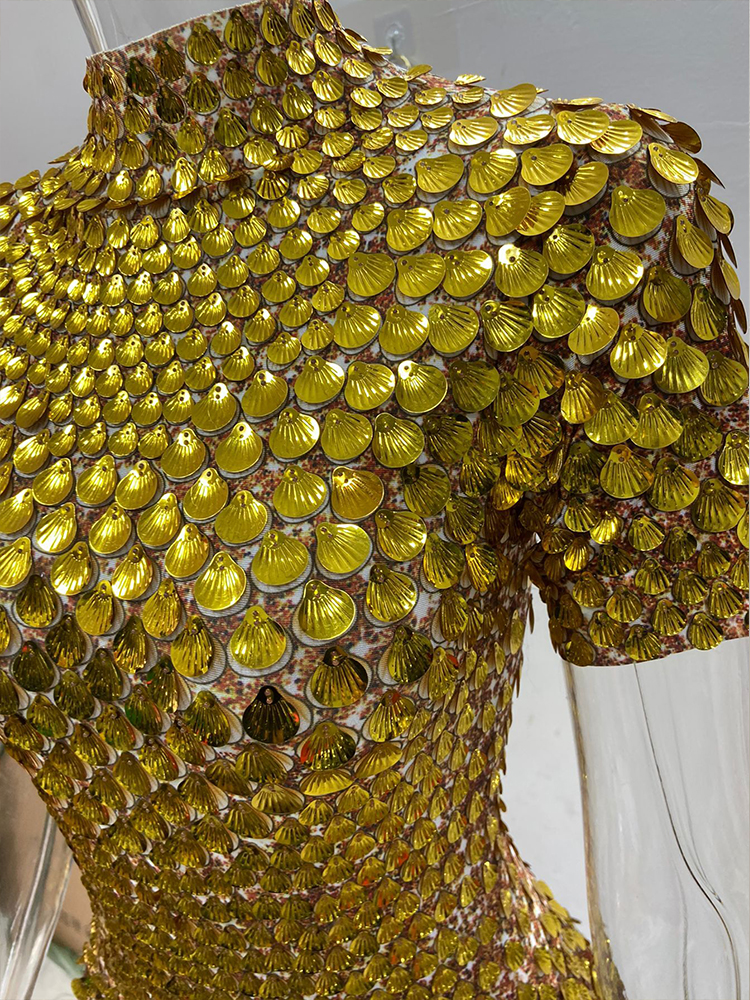 Sexy Gold Shell Sequins Mini Dress Nightclub Dance High Quality Performance Clothing Bodysuit Birthday Dresses
