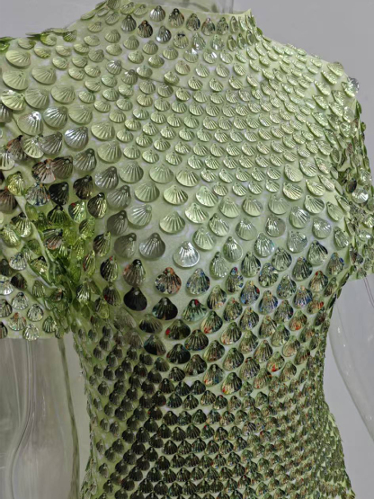 Extended 7cm Sexy Colorful light green shell sequin mini dress, nightclub dance, high-quality performance costume, jumpsuit, birthday dress