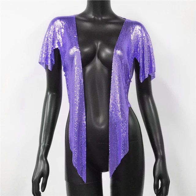 PURPLE Women Sexy Metal Sequins Tops Summer Glitter Beach Bikini Cardigan Cover Up Night Club Party Rave Festival Loose Coat