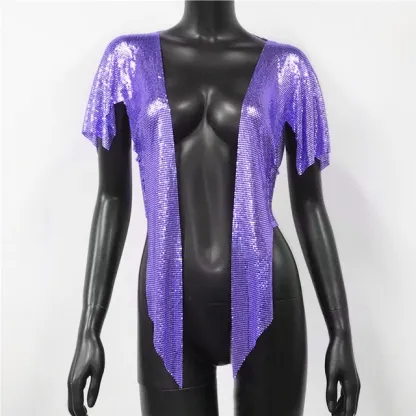 PURPLE Women Sexy Metal Sequins Tops Summer Glitter Beach Bikini Cardigan Cover Up Night Club Party Rave Festival Loose Coat