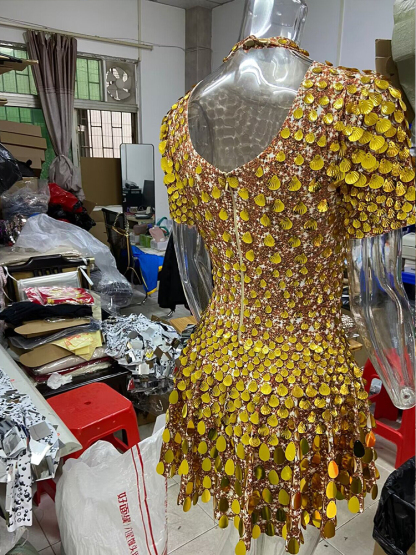 Sexy Gold Shell Sequins Mini Dress Nightclub Dance High Quality Performance Clothing Bodysuit Birthday Dresses