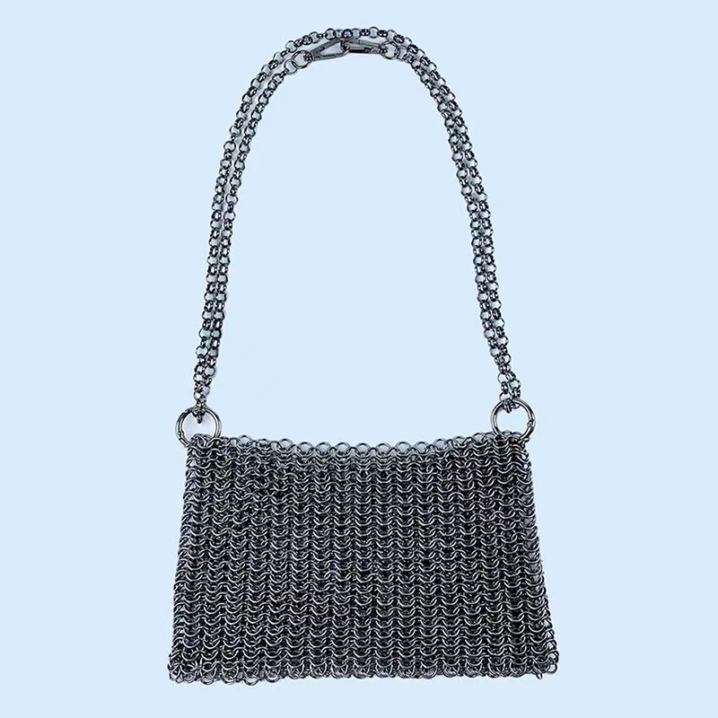 silver New Product: Metal Shiny Handwoven Lock, Bright Bead, Fish Scale Hollow out Phone Chain, Underarm Crossbody Bag