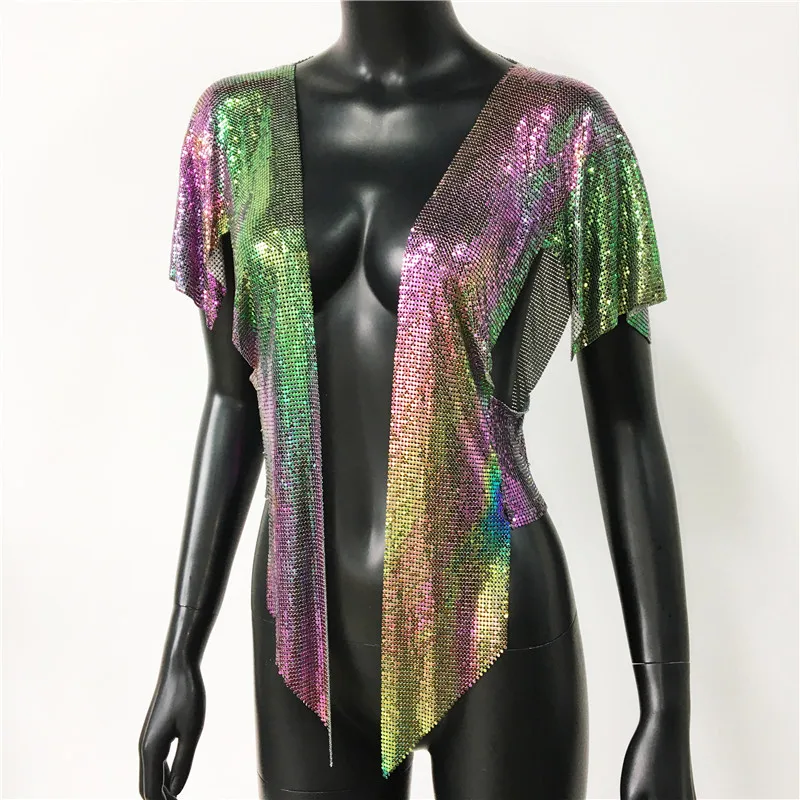 Iridescent Women Sexy Metal Sequins Tops Summer Glitter Beach Bikini Cardigan Cover Up Night Club Party Rave Festival Loose Coat