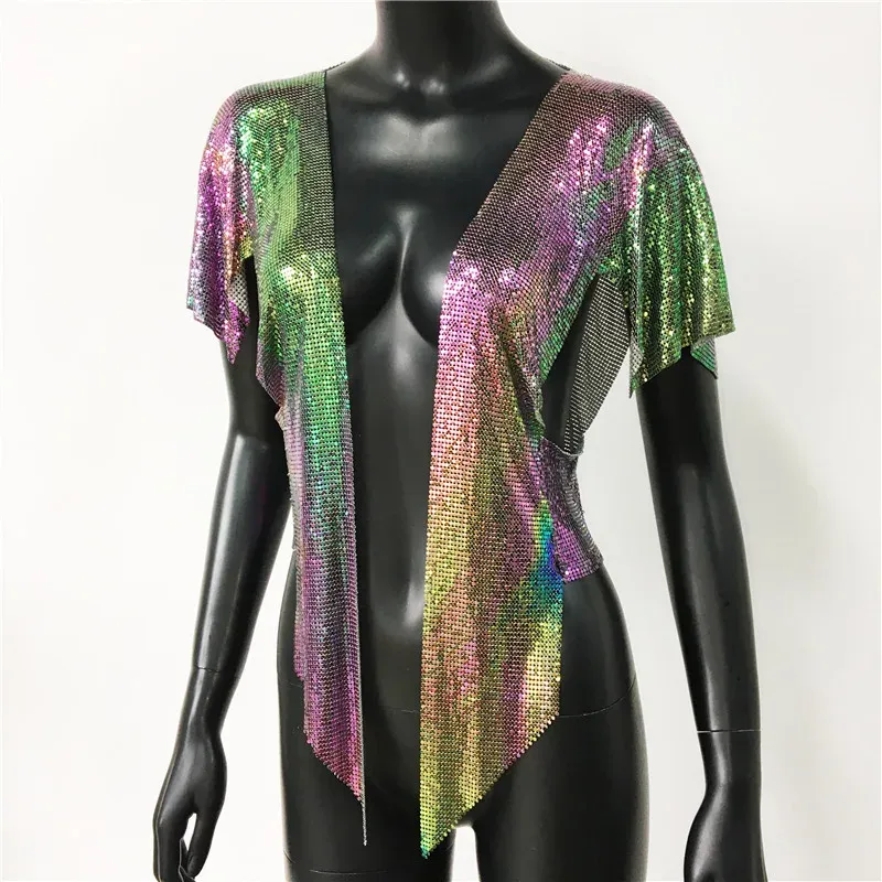 Iridescent Women Sexy Metal Sequins Tops Summer Glitter Beach Bikini Cardigan Cover Up Night Club Party Rave Festival Loose Coat