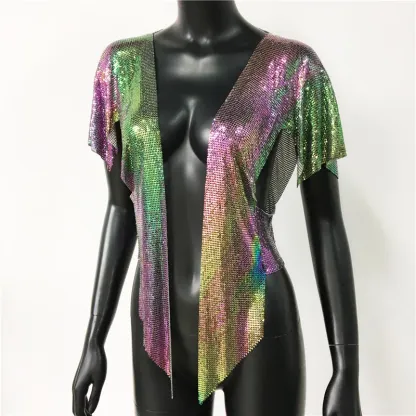 Iridescent Women Sexy Metal Sequins Tops Summer Glitter Beach Bikini Cardigan Cover Up Night Club Party Rave Festival Loose Coat