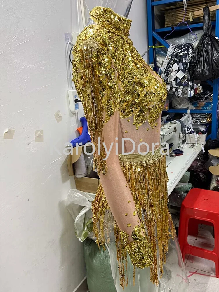 Nightclub Shining Rhinestone Sequins Tassels Women Party Jumpsuit Dancer Stage Outfits Stretch Fringes Bodysuits Showgir Costume