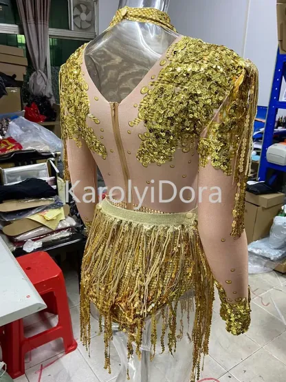 Nightclub Shining Rhinestone Sequins Tassels Women Party Jumpsuit Dancer Stage Outfits Stretch Fringes Bodysuits Showgir Costume