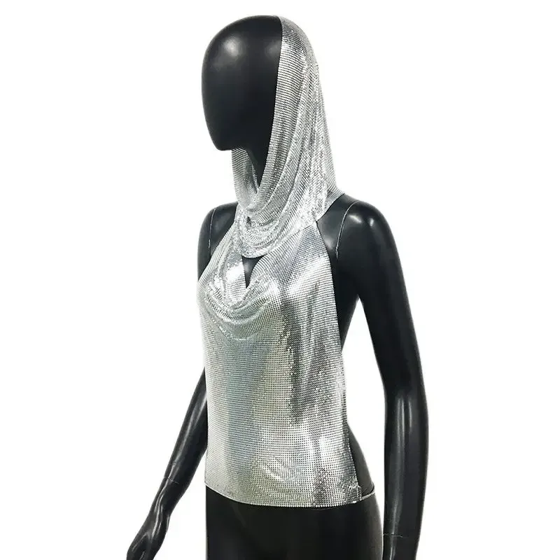 Silver Women Metal Sequins Tank Top With Turban 2 Piece  Sexy V Neck Backless   Suspender Top Rave Festival Party Nightclub Camisole