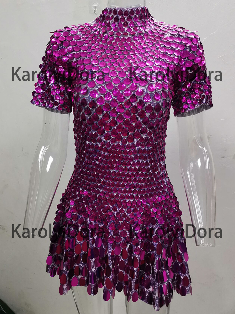 Sexy Rose red Shell Sequins Mini Dress Nightclub Dance High Quality Performance Clothing Bodysuit Birthday Dresses