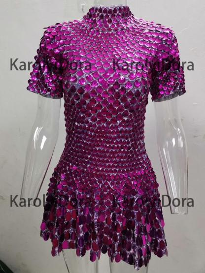 Sexy Rose red Shell Sequins Mini Dress Nightclub Dance High Quality Performance Clothing Bodysuit Birthday Dresses
