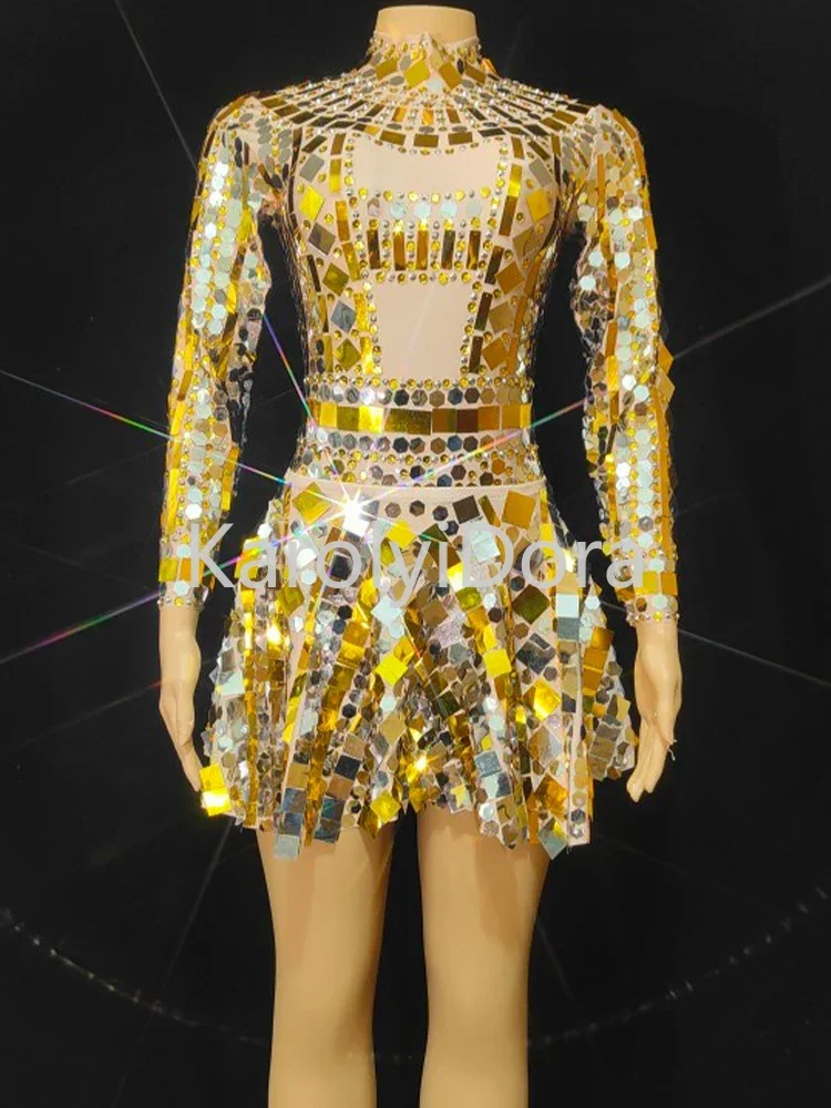 2023 Singer Mirror Dress Stage Dance Wears Sparkly Gold Silver Sequins Bodysuit Dress Rhinestone Costume Long Sleeve