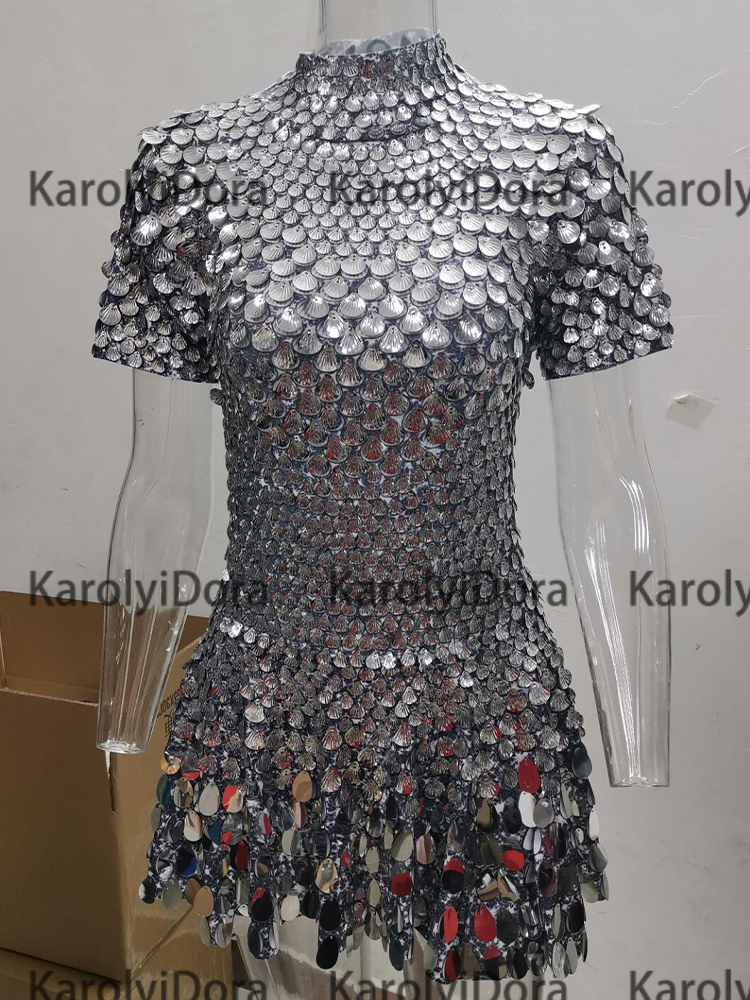 Sexy silvery Shell Sequins Mini Dress Nightclub Dance High Quality Performance Clothing Bodysuit Birthday Dresses