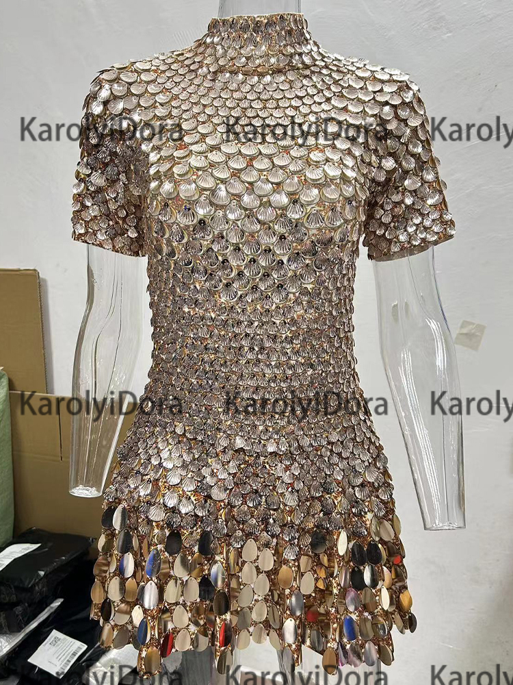 Sexy champagne Shell Sequins Mini Dress Nightclub Dance High Quality Performance Clothing Bodysuit Birthday Dresses