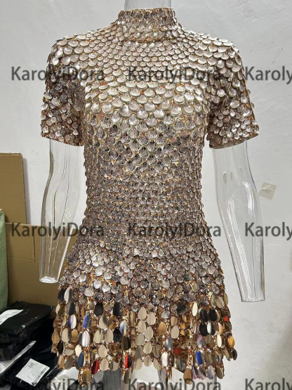 Sexy champagne Shell Sequins Mini Dress Nightclub Dance High Quality Performance Clothing Bodysuit Birthday Dresses