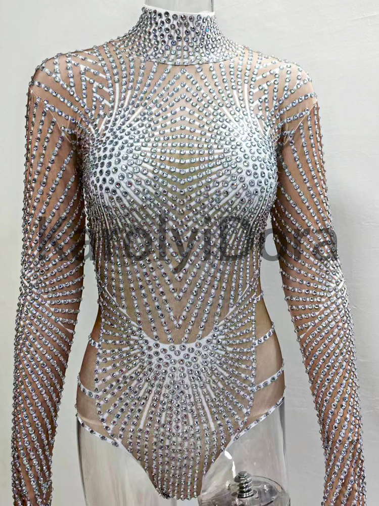 Sparkly Full Rhinestones Long Sleeve Leotard Nightclub Singer Dancer Stage Wear Performance Dance Costume Party Bodysuit