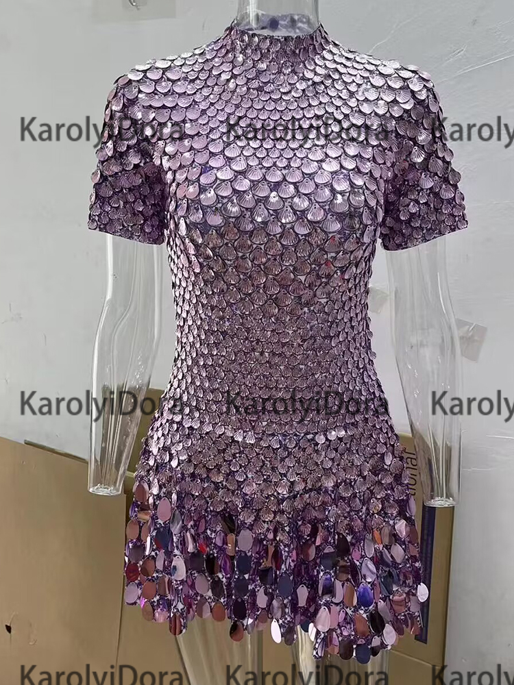 Sexy Light purple Shell Sequins Mini Dress Nightclub Dance High Quality Performance Clothing Bodysuit Birthday Dresses