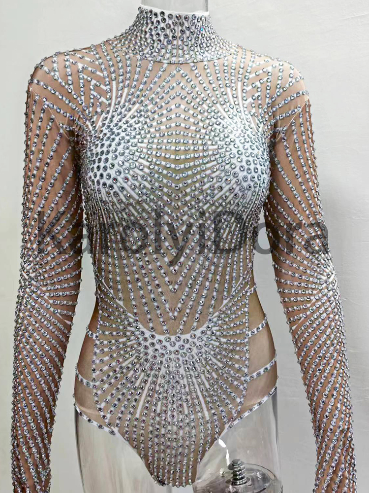 Sparkly Full Rhinestones Long Sleeve Leotard Nightclub Singer Dancer Stage Wear Performance Dance Costume Party Bodysuit