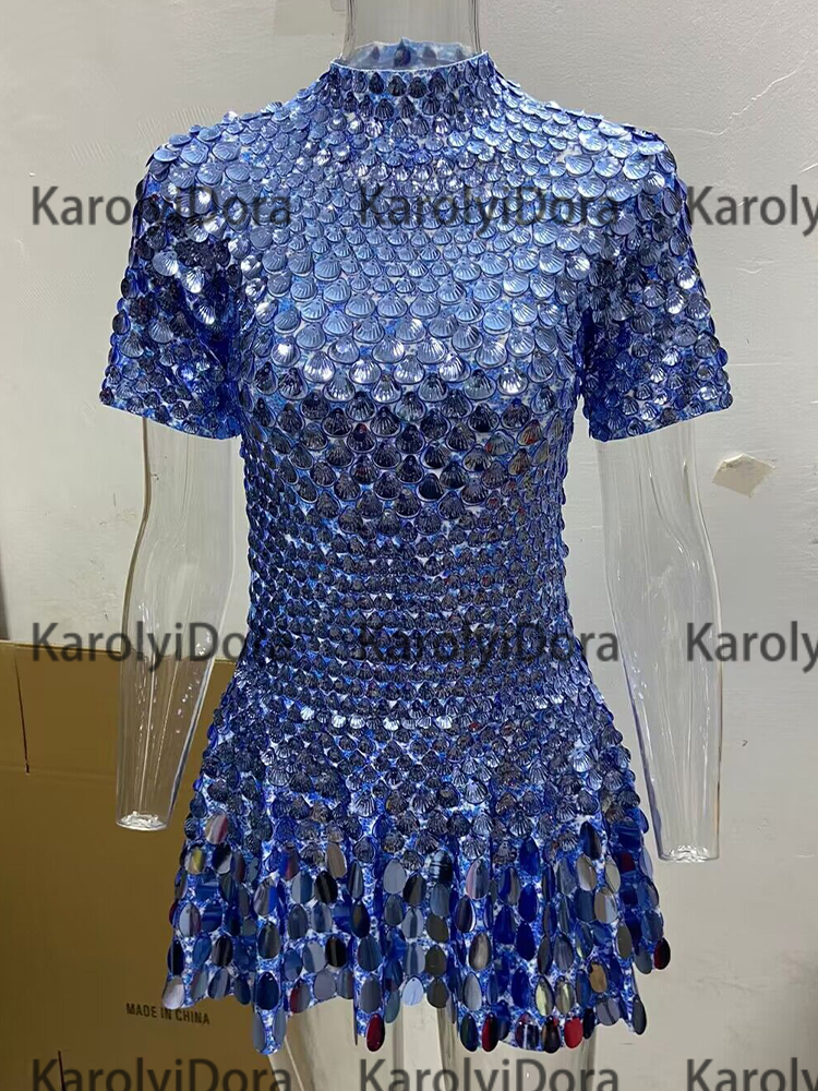 Sexy Lake blue Shell Sequins Mini Dress Nightclub Dance High Quality Performance Clothing Bodysuit Birthday Dresses