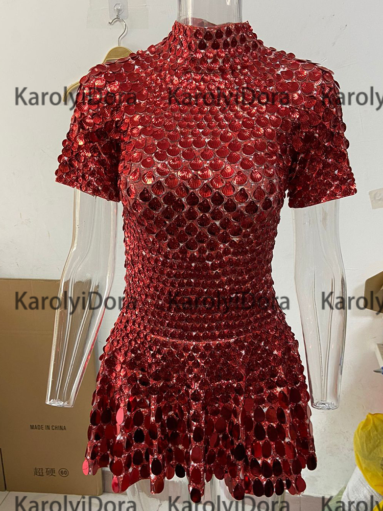 Sexy Red Shell Sequins Mini Dress Nightclub Dance High Quality Performance Clothing Bodysuit Birthday Dresses