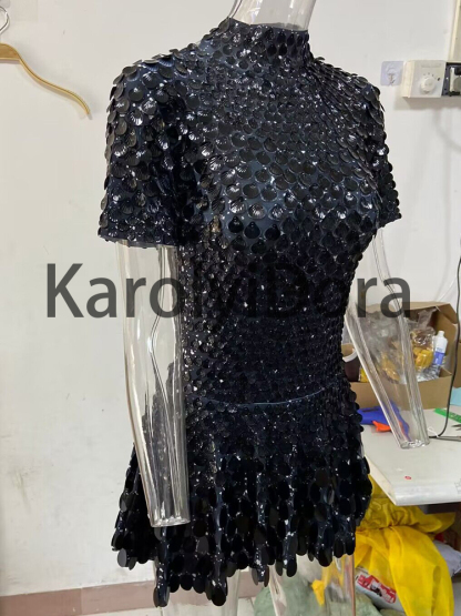 Sexy Black Shell Sequins Mini Dress Nightclub Dance High Quality Performance Clothing Bodysuit Birthday Dresses