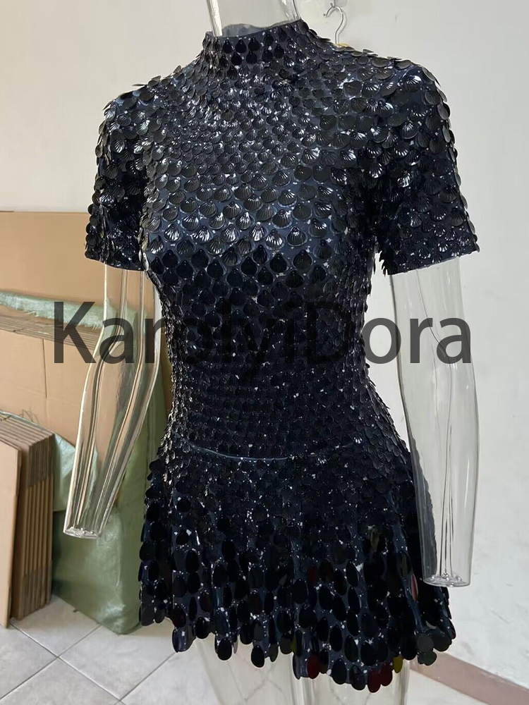 Sexy Black Shell Sequins Mini Dress Nightclub Dance High Quality Performance Clothing Bodysuit Birthday Dresses