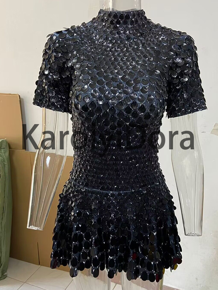 Sexy Black Shell Sequins Mini Dress Nightclub Dance High Quality Performance Clothing Bodysuit Birthday Dresses