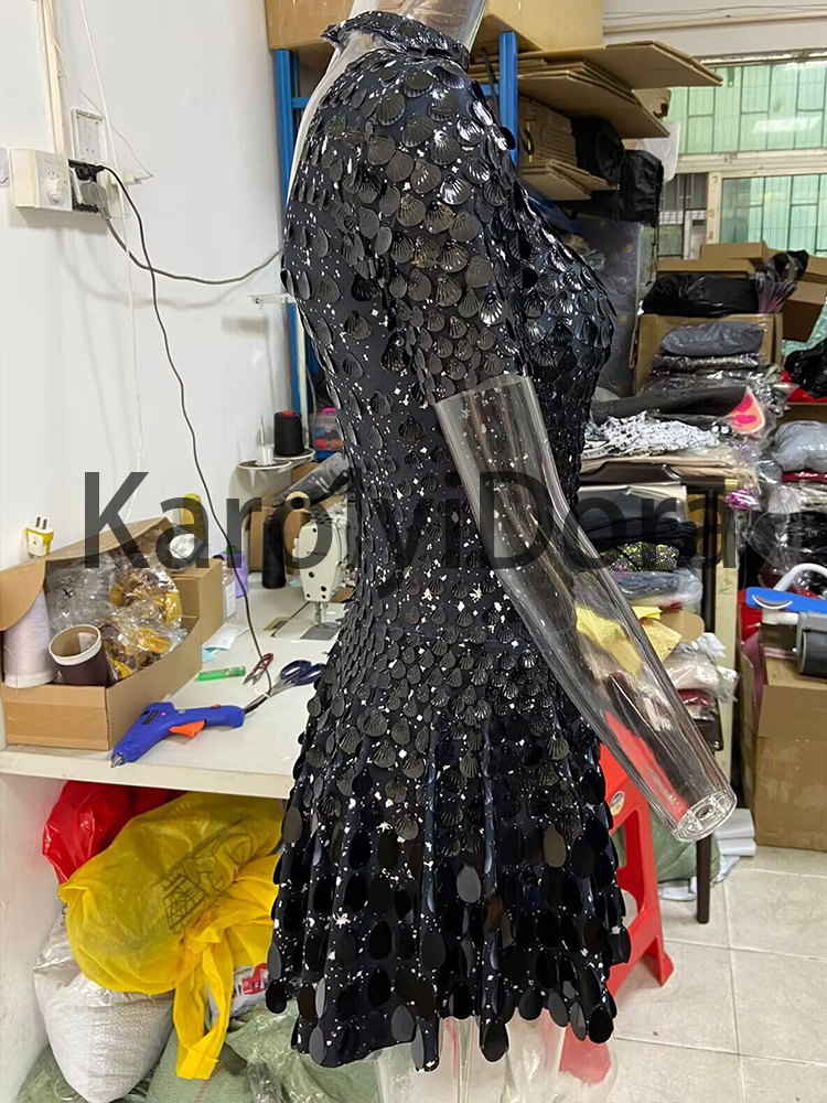 Sexy Black Shell Sequins Mini Dress Nightclub Dance High Quality Performance Clothing Bodysuit Birthday Dresses