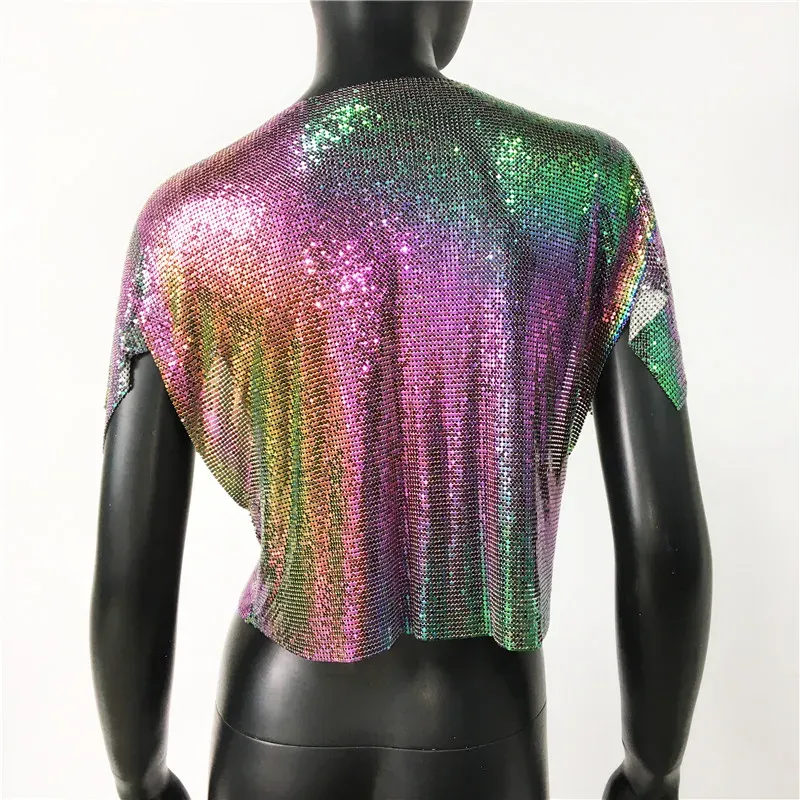 Iridescent Women Sexy Metal Sequins Tops Summer Glitter Beach Bikini Cardigan Cover Up Night Club Party Rave Festival Loose Coat