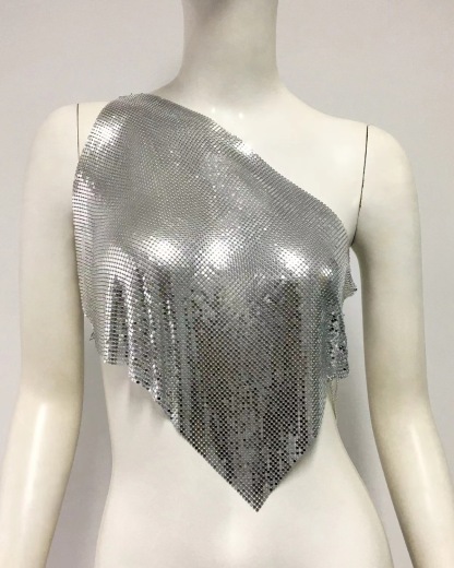 European and American fashion women's personalized slanted shoulder silver metal suspender with inner tank top, spicy girl trend sleeveless short top