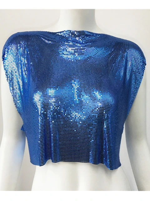 Royal Blue Y2k Shiny Metallic Sequins Festival T- Shirts Crop Tops Sexy Women Sleeveless See Through Glitter Sequin Club Party Rave T Shirt