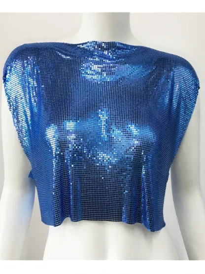Royal Blue Y2k Shiny Metallic Sequins Festival T- Shirts Crop Tops Sexy Women Sleeveless See Through Glitter Sequin Club Party Rave T Shirt