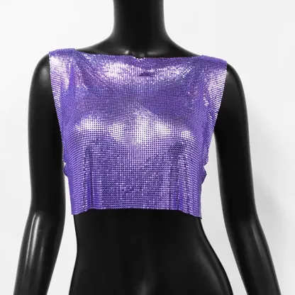 Purple Sexy Metal Sequin Tank Top For Women y2k Summer Beach Backless Crop Top Rave Festival Club Outfits Camisole