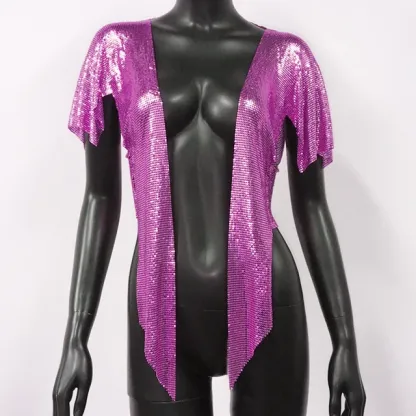 Rose Red Women Sexy Metal Sequins Tops Summer Glitter Beach Bikini Cardigan Cover Up Night Club Party Rave Festival Loose Coat