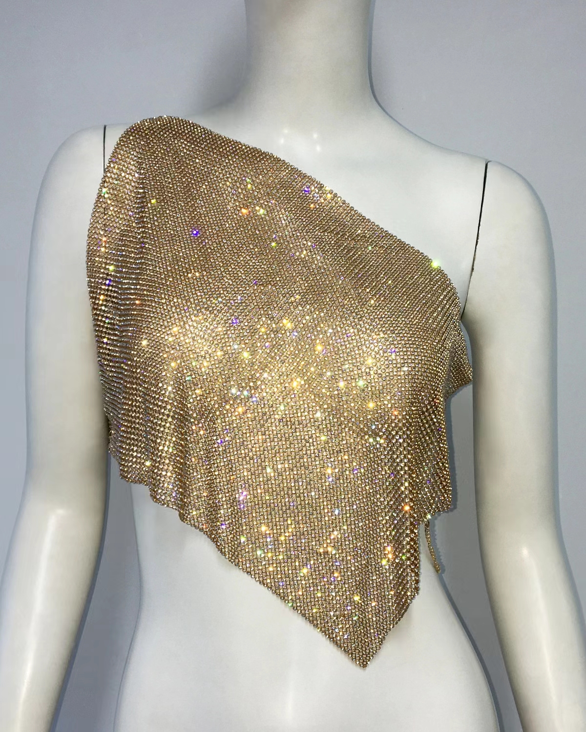 Gold metal mesh diamond top, personalized and fashionable diagonal shoulder vest, water diamond suspender for women