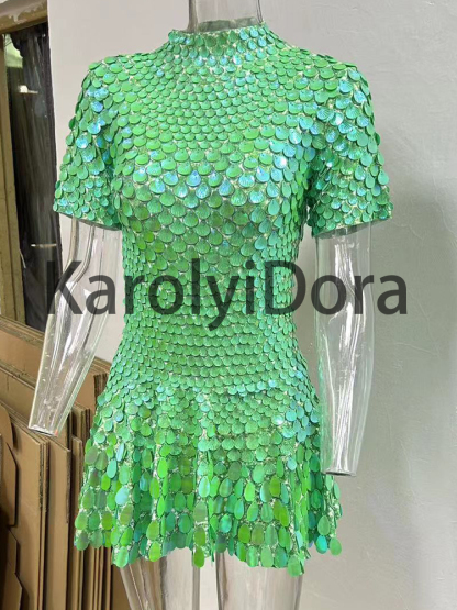  Colorful Green Shell Sequins Mini Dress Nightclub Dance High Quality Performance Clothing Bodysuit Birthday Dresses