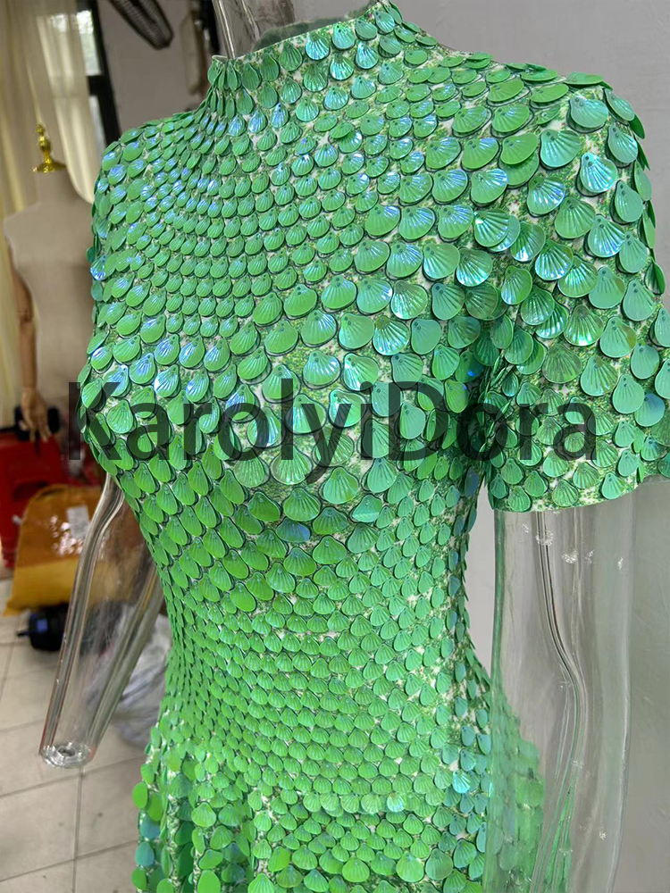 Extended 7cm Sexy Colorful Green shell sequin mini dress, nightclub dance, high-quality performance costume, jumpsuit, birthday dress