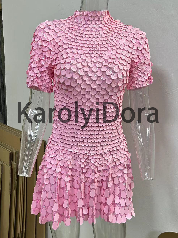 Pink Shell Sequins Mini Dress Nightclub Dance High Quality Performance Clothing Bodysuit Birthday Dresses