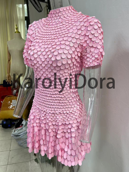 Extended 7cm Sexy Pink shell sequin mini dress, nightclub dance, high-quality performance costume, jumpsuit, birthday dress