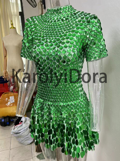 dark green Shell Sequins Mini Dress Nightclub Dance High Quality Performance Clothing Bodysuit Birthday Dresses