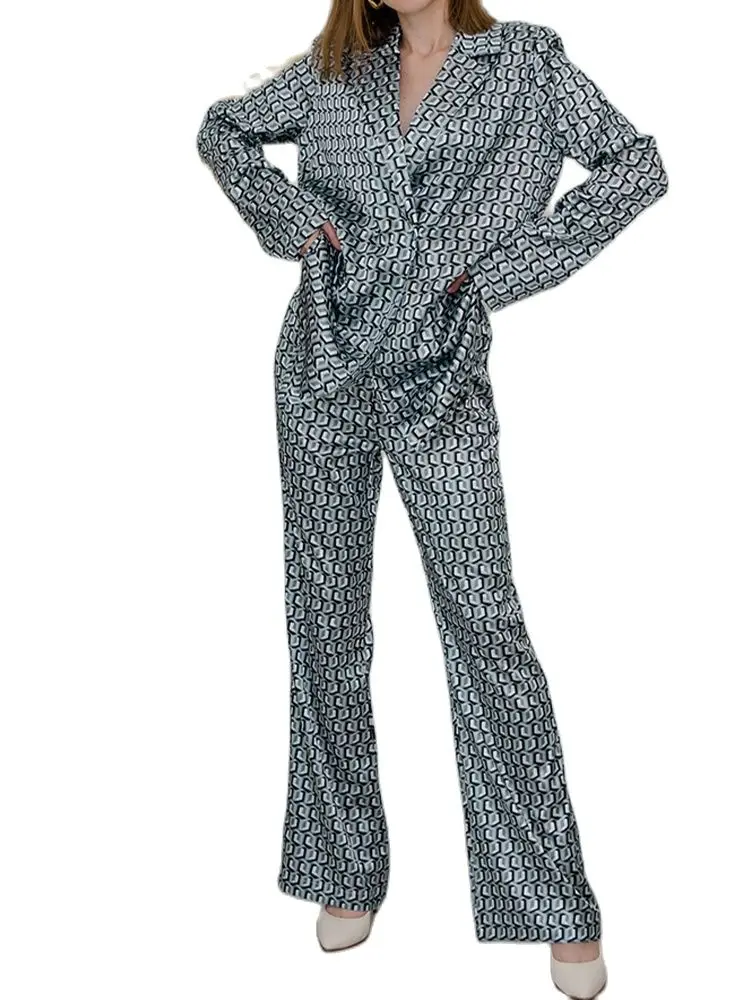 Clacive Fashion Long Sleeve Blazers Two Piece Sets Womens Outifits Bodycon Print Pants Set Lady Streetwear Pencil Trouser Suits
