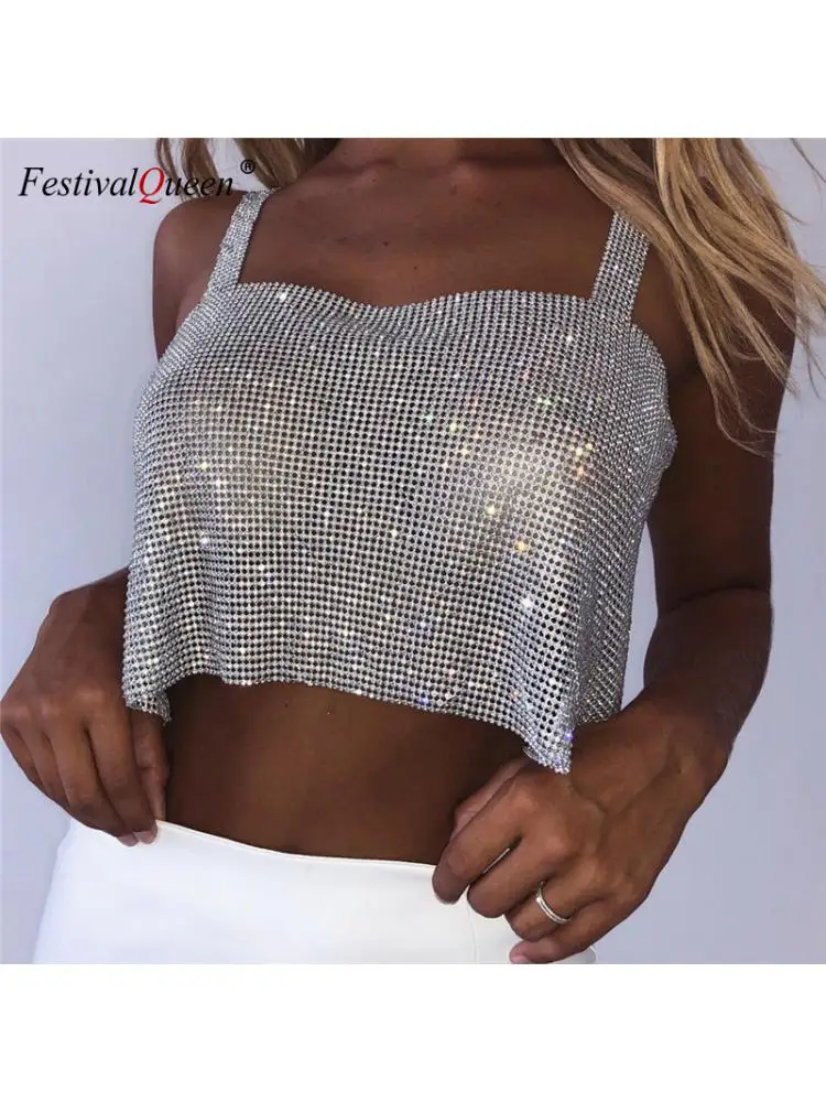 Bling Rhinestones Party Sexy Crop Top 2022 Fashion Solid Backless Straps Full Diamonds Sequins Cami Cropped Top For Women
