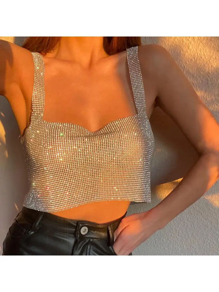 Bling Rhinestones Party Sexy Crop Top 2022 Fashion Solid Backless Straps Full Diamonds Sequins Cami Cropped Top For Women