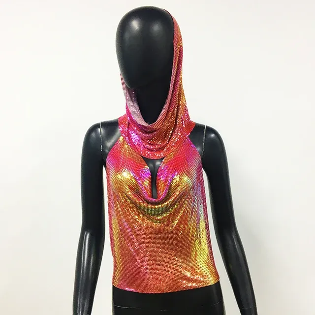Women Metal Sequins Tank Top With Turban 2 Piece Sexy V Neck Backless Suspender Top Rave Festival Party Nightclub Camisole