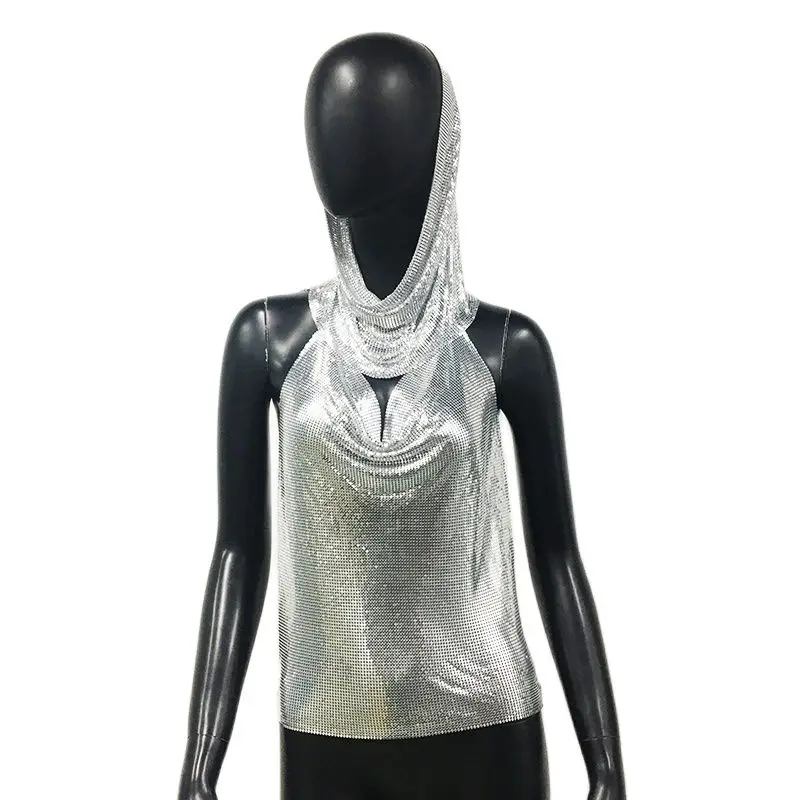 Silver Women Metal Sequins Tank Top With Turban 2 Piece  Sexy V Neck Backless   Suspender Top Rave Festival Party Nightclub Camisole
