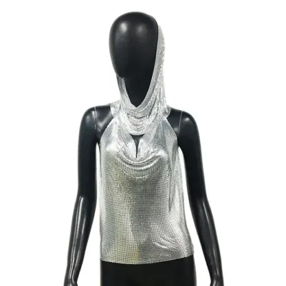 Silver Women Metal Sequins Tank Top With Turban 2 Piece  Sexy V Neck Backless   Suspender Top Rave Festival Party Nightclub Camisole