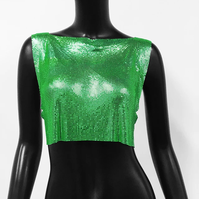 Green Sexy Metal Sequin Tank Top For Women y2k Summer Beach Backless Crop Top Rave Festival Club Outfits Camisole