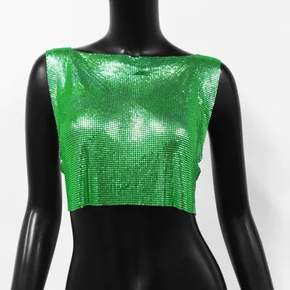 Green Sexy Metal Sequin Tank Top For Women y2k Summer Beach Backless Crop Top Rave Festival Club Outfits Camisole